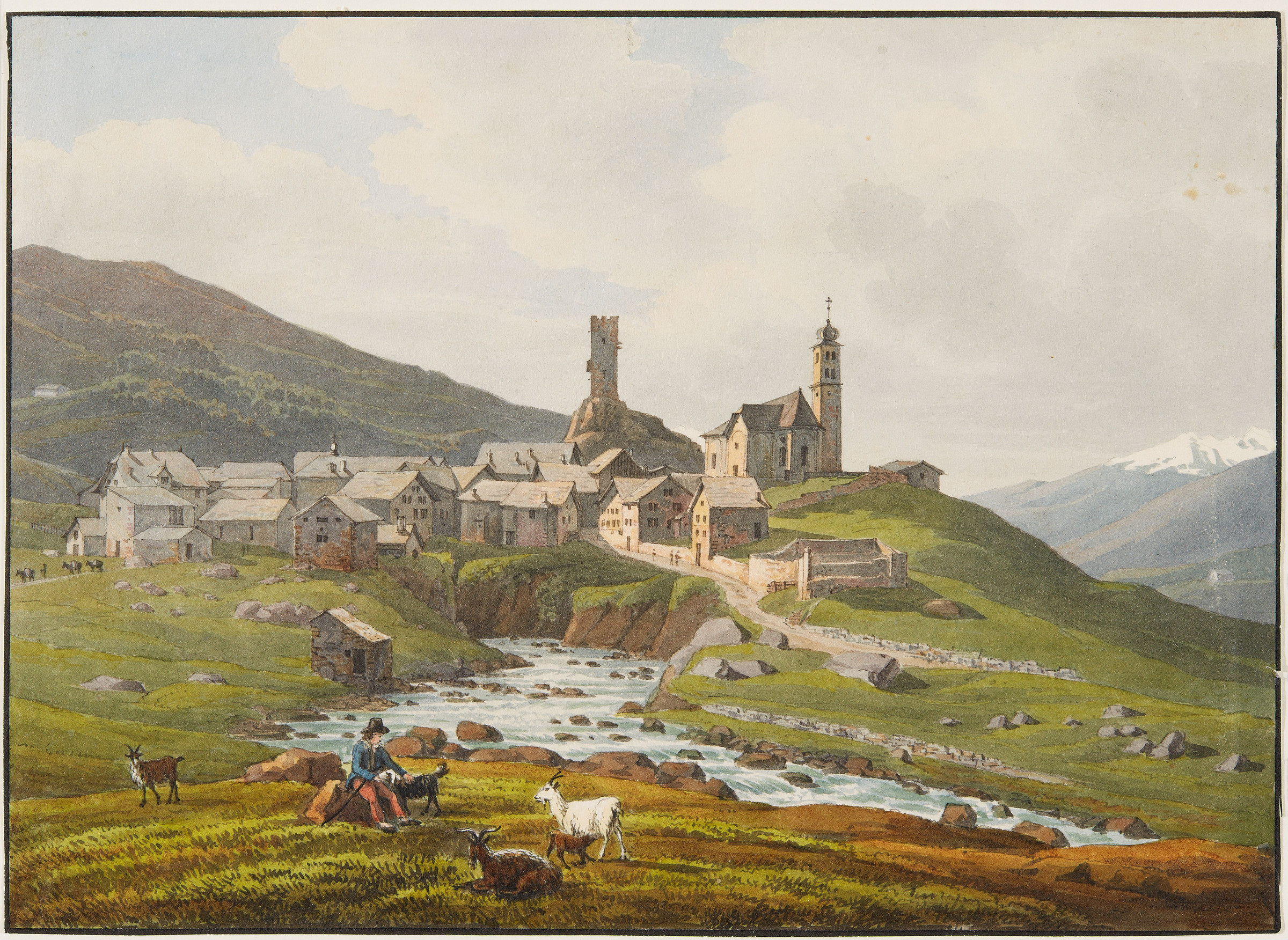 Vue du village d’Hospental et au premier plan un berger et ses chèvres
