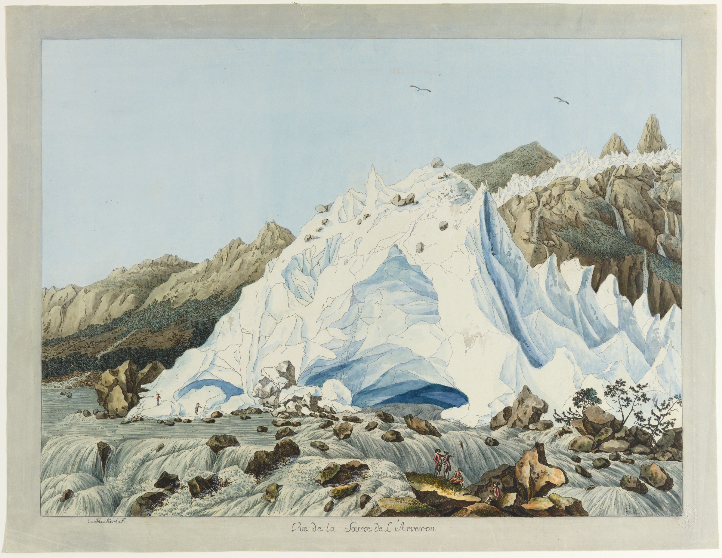 Veduta della sorgente dell’Arveyron, ai piedi del ghiacciaio dei Bois