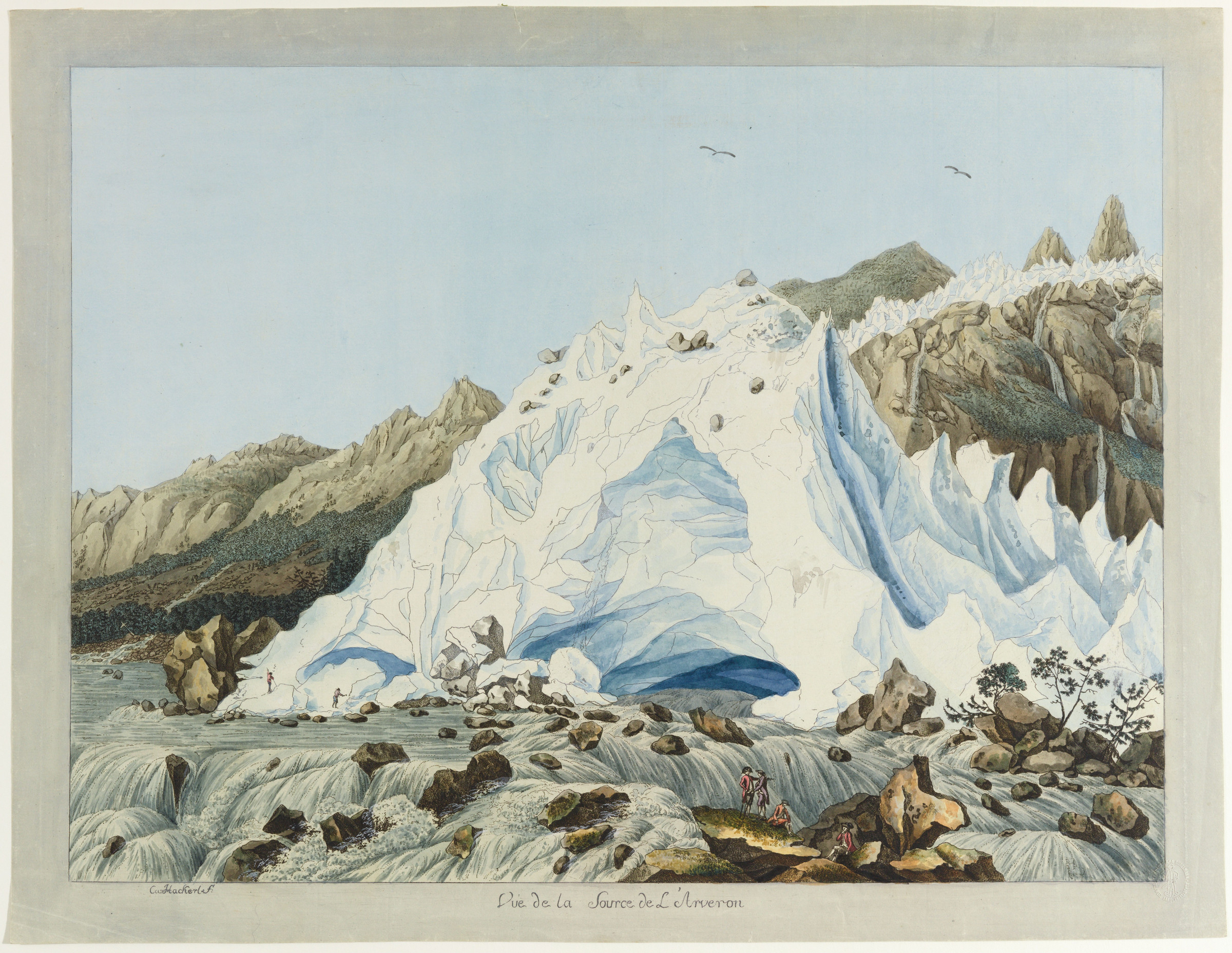 Vue de la source de l’Arveyron, aux pieds du glacier des Bois