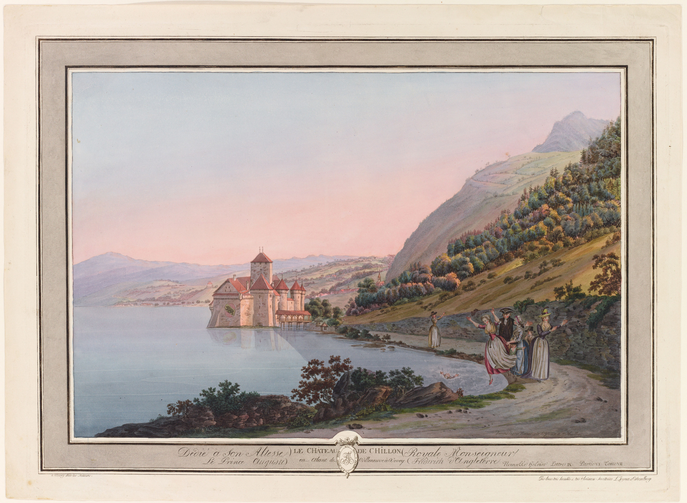 Castello di Chillon sulle sponde del lago di Ginevra; in primo piano una scena del romanzo di Jean-Jacques Rousseau Giulia o la nuova Eloisa