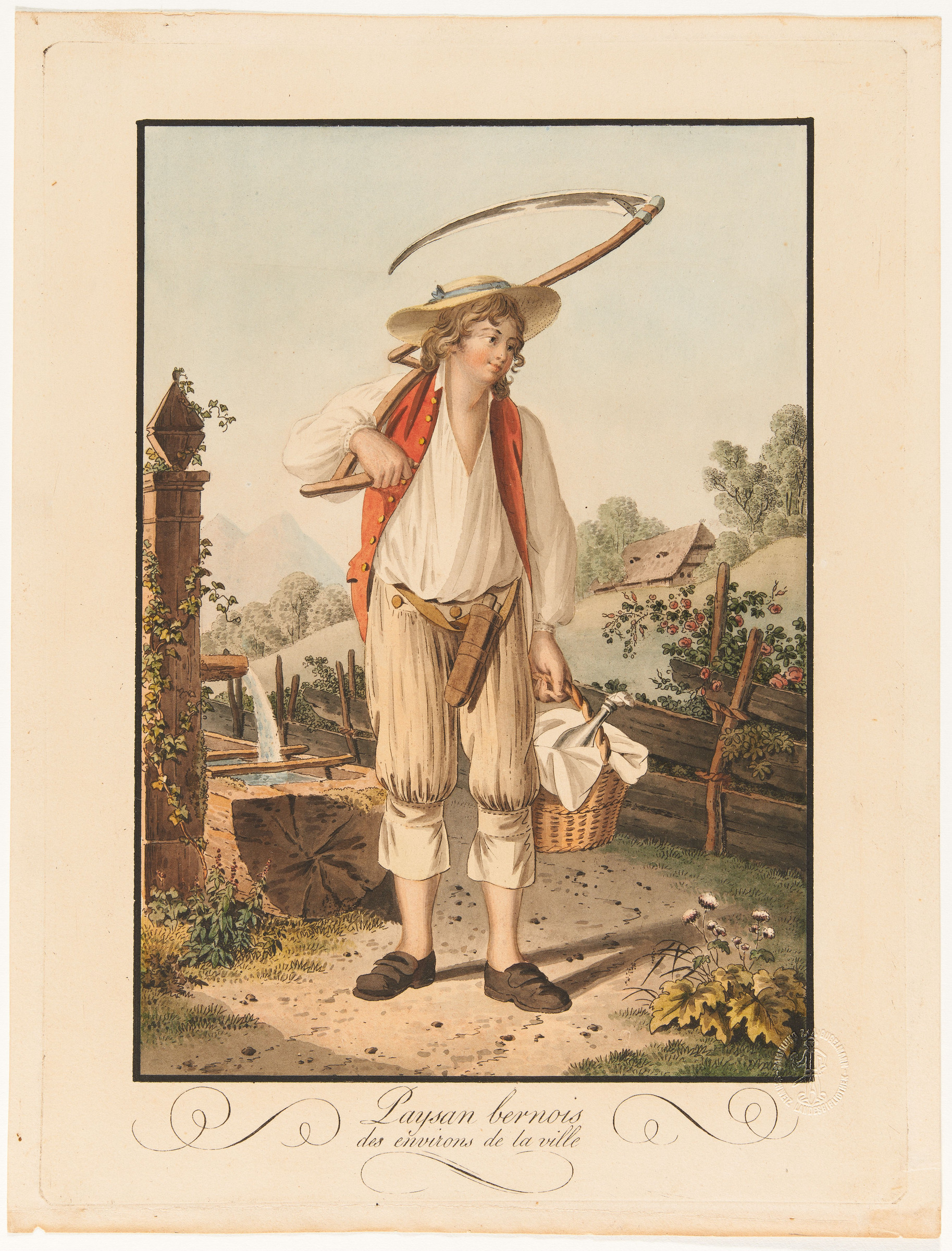 Giovane contadino bernese con una falce e un paniere di provviste