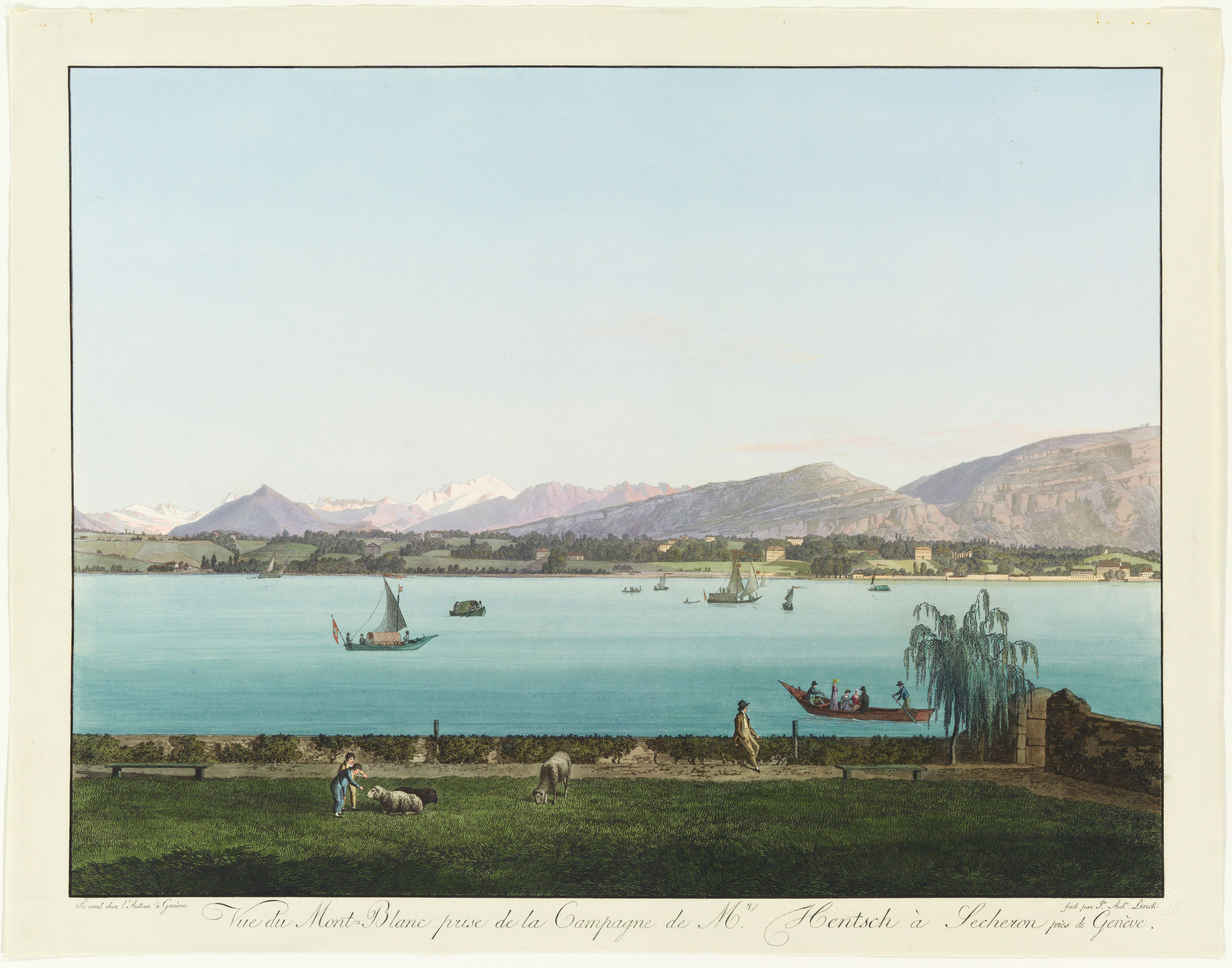 Plusieurs bateaux naviguent sur le Léman, à l’entrée de Genève. A l’arrière-plan le Mont Blanc