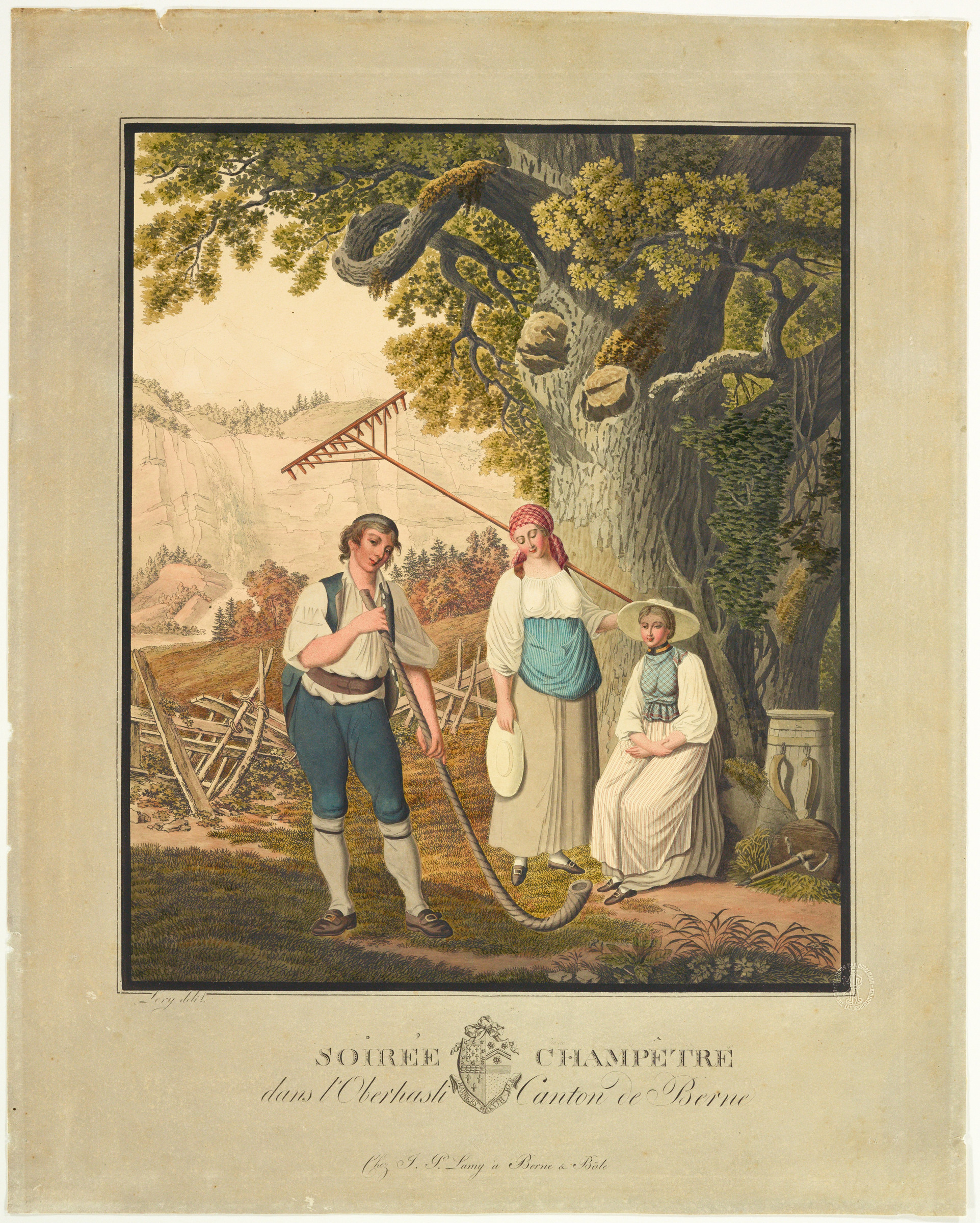 Groupe de personnages avec joueur de cor des Alpes et deux jeunes filles en costume; à l’arrière-plan, grand chêne et vallée de l’Oberhasli