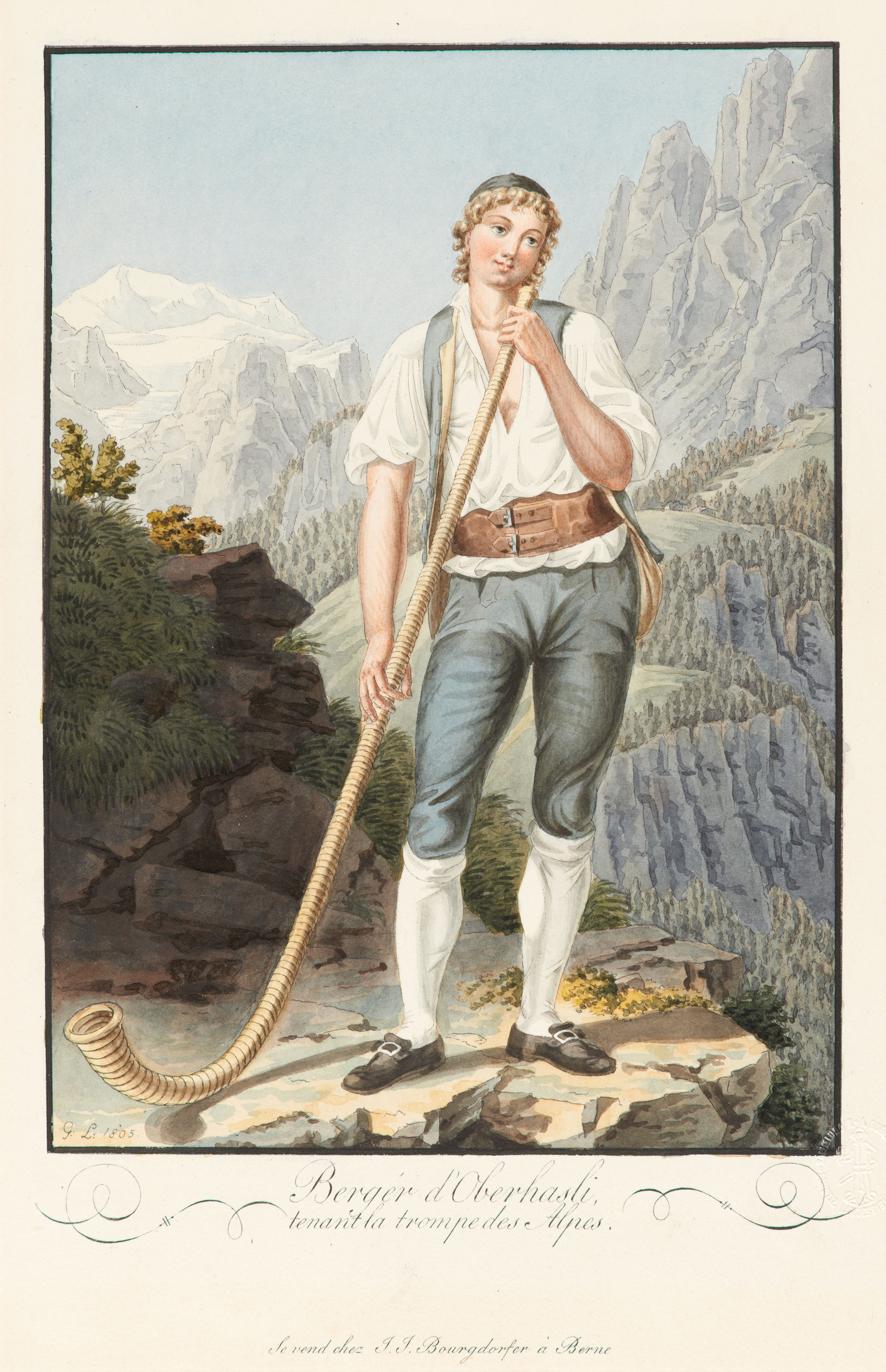 Jeune berger debout sur un rocher, avec cor des Alpes