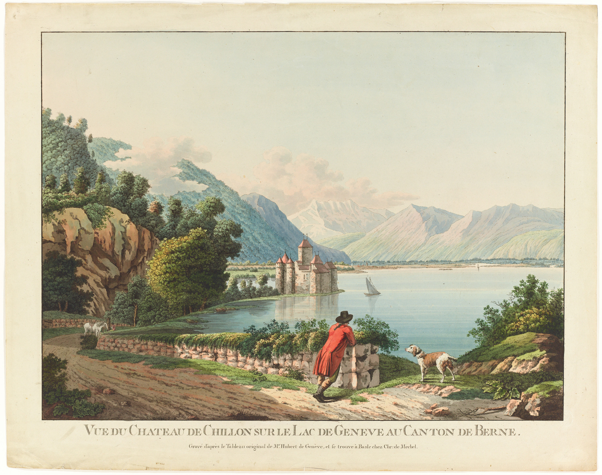 Château de Chillon, vue générale du nord. Au premier plan, touriste vu de dos.