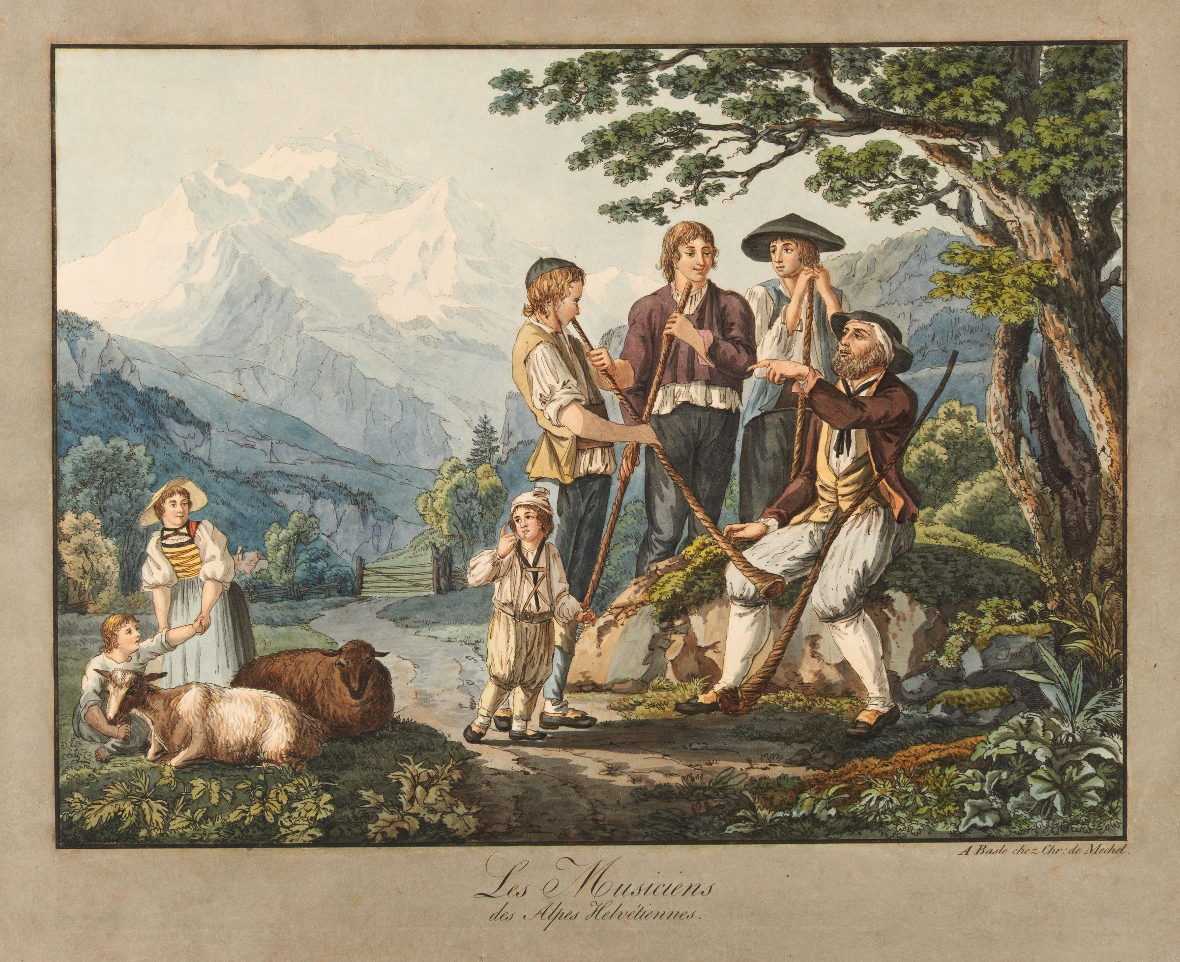 Groupe de trois joueurs de cor des Alpes avec leur moniteur; à l’arrière-plan, la Jungfrau