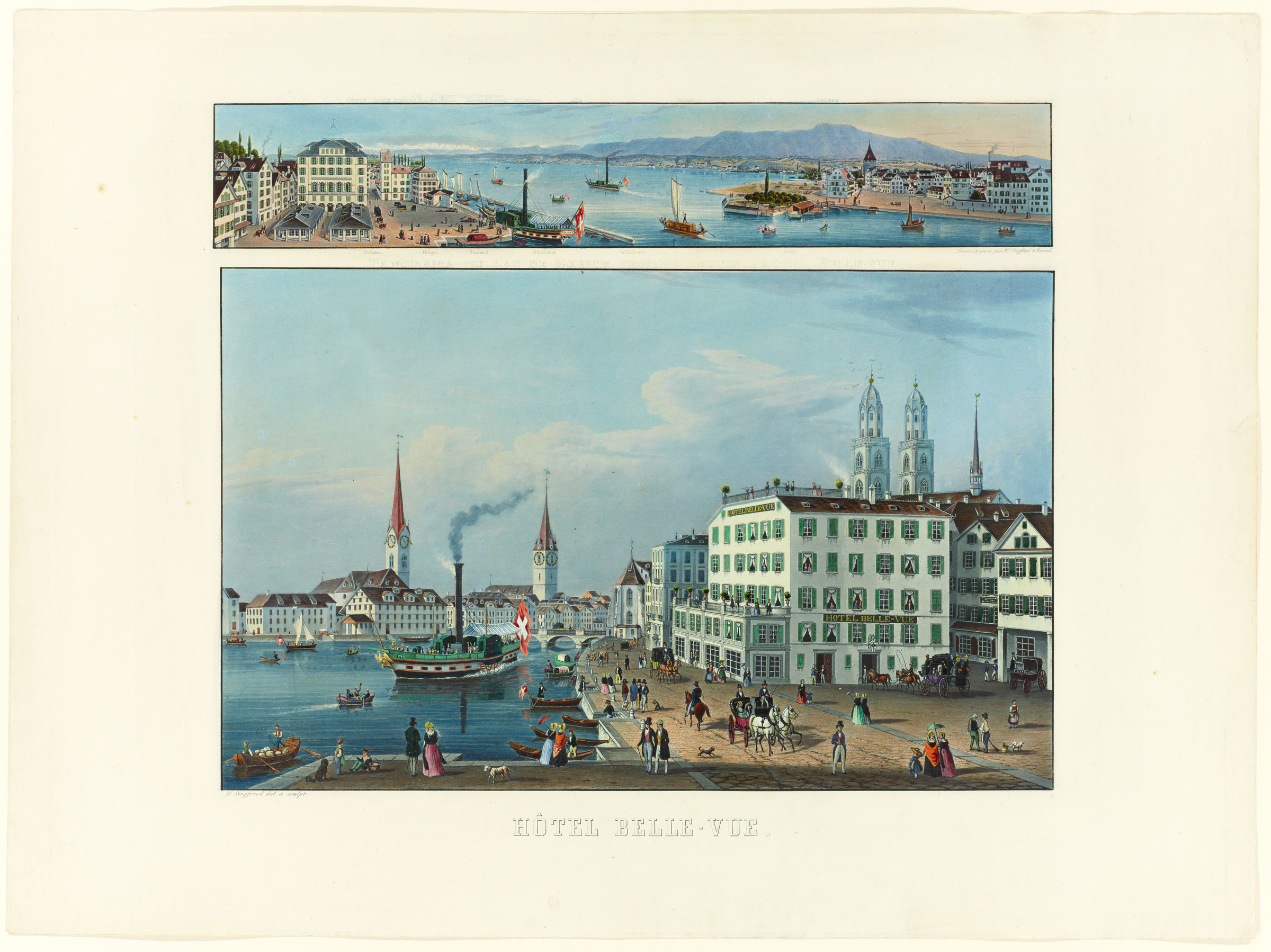 Vue d’un bateau à vapeur face à l’hôtel Bellevue, sur l’ancien Sonnenquai à Zurich