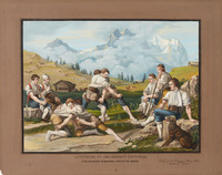 Zwei kämpfende Schwingerpaare auf einer Alpwiese umgeben von Zuschauern, im Hintergrund Eiger, Mönch und Jungfrau