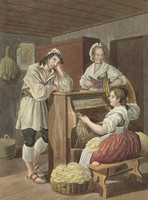 Ein Mann und zwei Frauen in Trachten des Kantons Schwyz bei der Seidenherstellung