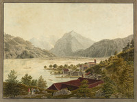 Weesen, veduta generale da nordest. Barca; Glärnisch; Chiesa; Convento; Rautispitz; Lago di Walenstadt