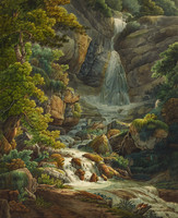 Strömender Bach mit Wasserfall in einem Wald im Frenkental