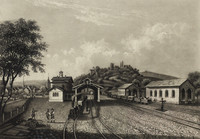 Ansicht des Bahnhofs von Baden mit zwei Zügen