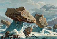 Gletschertisch auf dem Unteraargletscher, im Vordergrund ein sitzender Jäger