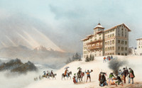 Hotel auf der Rigi Kulm, im Vordergrund anreisende Touristen