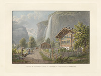 Lauterbrunnen, vue partielle. Ferme ; fontaine ; jardin ; chute du Staubbach