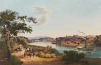 Blick von Westen auf Diessenhofen. Im Vordergrund der Rhein und ein Dampfschiff