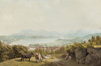 Im Vordergrund ein Flöte spielender Hirte und eine Frau mit zwei Kühen beim Melken. Im Hintergrund Ansicht der Stadt Luzern von Südwesten.