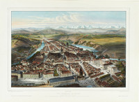 Ansicht von Bern aus der Vogelperspektive mit dem ersten Bahnhof