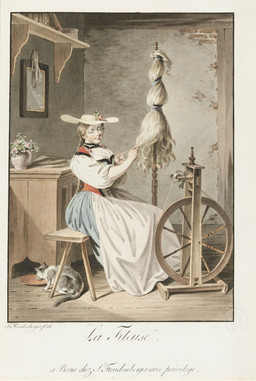 Jeune fille en costume à son rouet