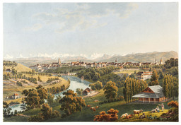 Bern, Gesamtansicht von Norden. Aare; Alpen; Bauer; Herde; Stall