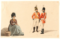 Zwei männliche Ganzfiguren in britischen Militäruniformen und eine weibliche Ganzfigur in britischer Tracht