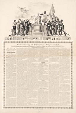 Schweizerische Bundesverfassung von 1848 mit Abbildung der Helvetia, umringt von Vertretern des Volkes 22 Kantonswappen