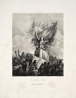 Darstellung der Helvetia als Kriegerin, die mit Schwert und Schweizer Fahne die Freiheit des Vaterlandes verteidigt