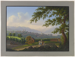 Ackerland in der Umgebung von Lausanne; im Hintergrund die Stadt und der Genfersee