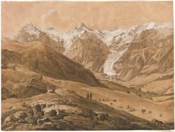 Halbpanoramaansicht des Oberen und Unteren Grindelwaldgletschers von der Holzmattenalp aus gesehen.