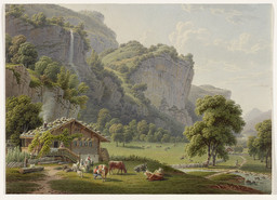 Lauterbrunnen, Teilansicht. Bauernhaus; Garten; Lauterbrunnental; Staubbachfall; Wasserfall