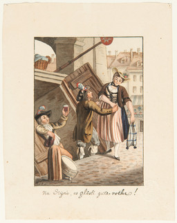 Mann verführt eine Frau am Eingang einer Weintrotte