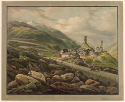 Ansicht des Dorfs Hospental, im Vordergrund die neue Strasse über den Gotthardpass